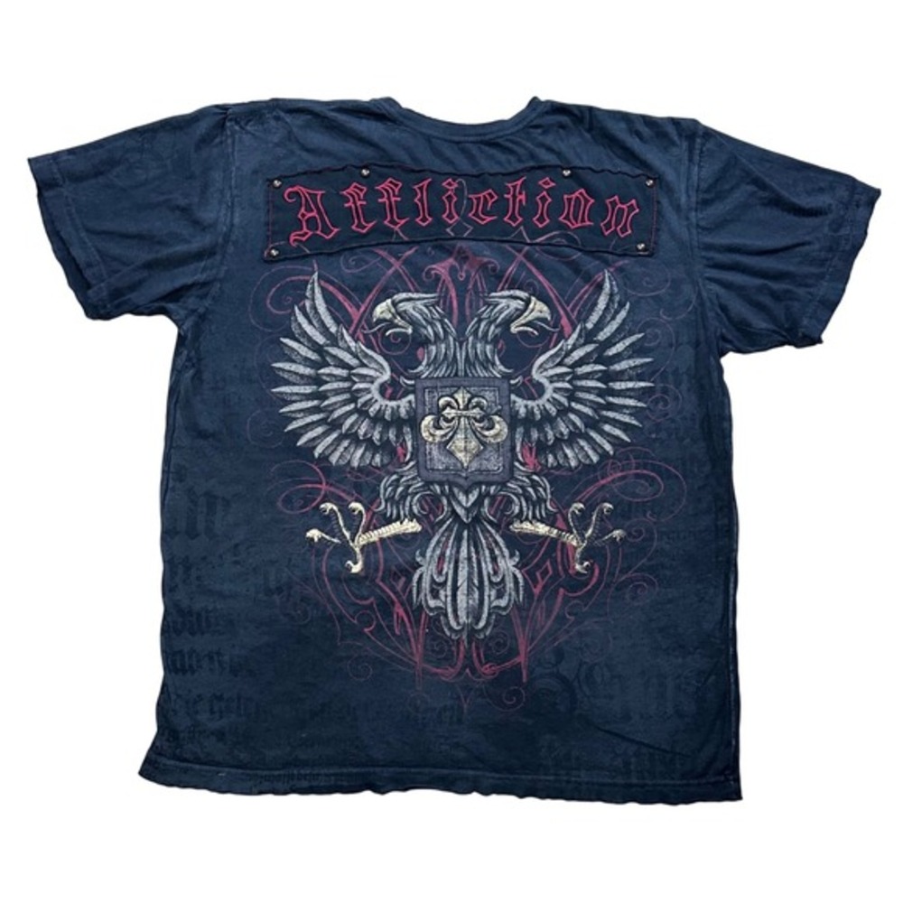 Vintage Y2K Affliction V Neck AOP Shirt Double Eagle Grunge Goth Black Mens 2XL